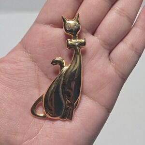 Vintage Gold Tone Cat Brooch Pin Rhinestone Eyes & Bow Kitty Feline Jewelry Gift